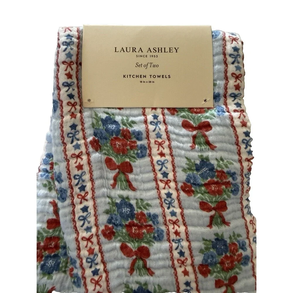 Laura Ashley Kitchen Dish Towels Blue Red Floral 100% Cotton Gauze Set of 2